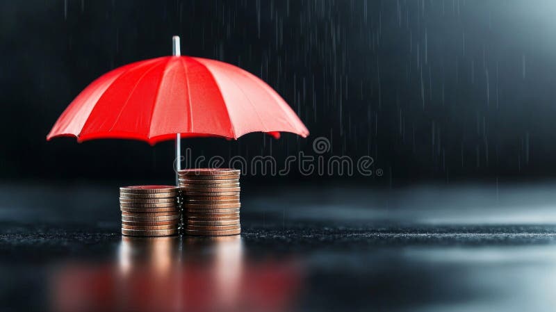 Red umbrella protecting stacks of coins symbolizing financial security and privacy. Generative AI royalty free stock image