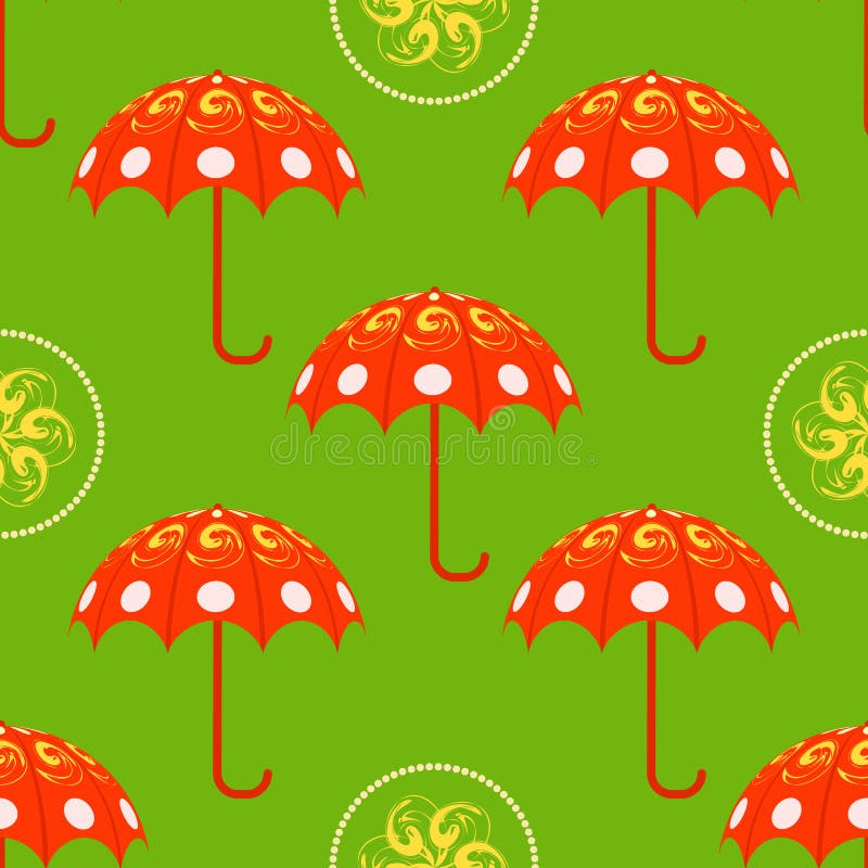 Red Umbrellas on Green Background Seamless Pattern. Vector Seamless
