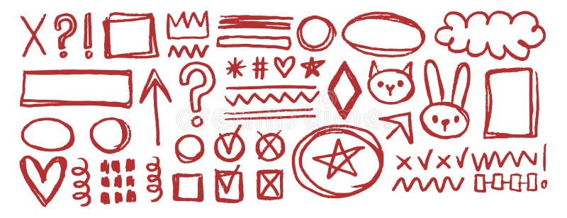 Red underline doodle pencil hand drawn elements set. Grunge line ellipses, punctuation marks, direction pointers, arrows stock illustration