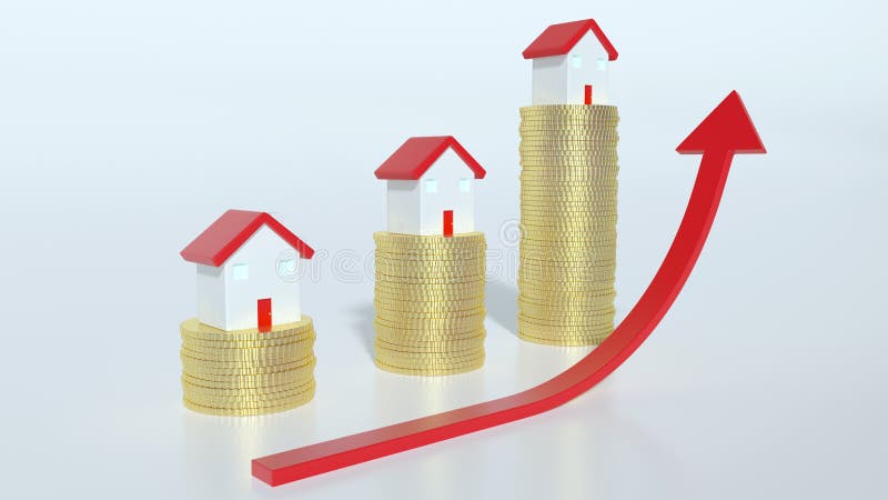 Red up arrow in front of miniature house models standing on stacks of gold coins. vector illustration