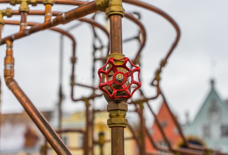 Red Valve on Copper Pipe Construction in Outdoor Stock Image Image of
