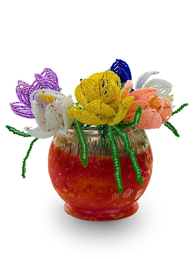 Red Vase with Flowers from Glass Beads and Wire Stock Image Image of