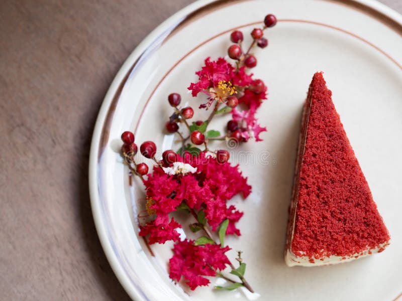 Red Velvet Cake with Flowers Stock Photo Image of piece, white 183245980