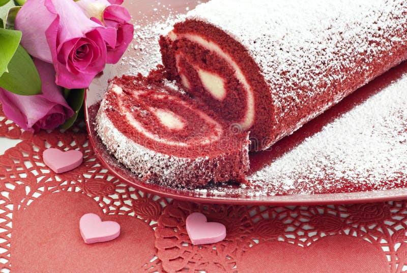 Red Velvet Cake Roll with Hearts royalty free stock images