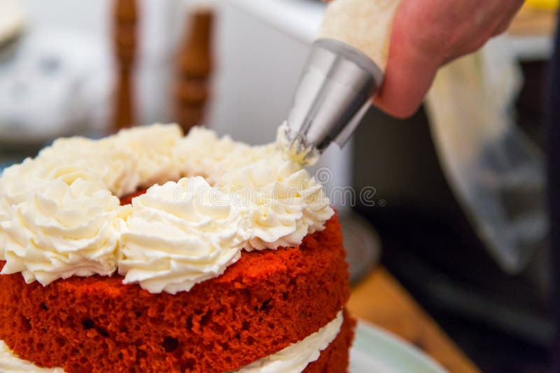 Red velvet cake with whipped cream stock photo