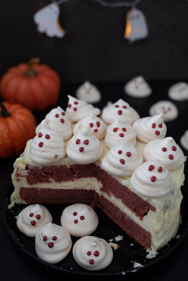 Red Velvet Halloween Cake with Meringue Ghosts Stock Photo Image of