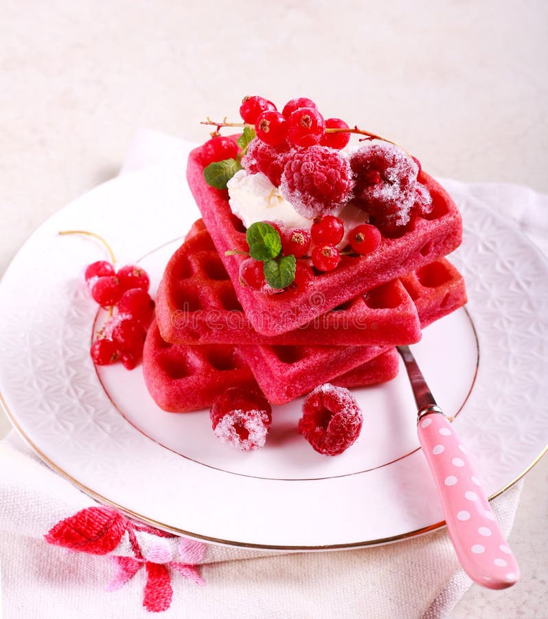 Red velvet waffles with berries royalty free stock images Red velvet waffles with berries royalty free stock images