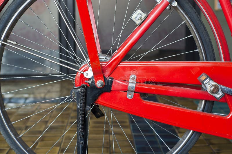 Red vintage bicycle wheel. stock image. Image of equipment 31209869