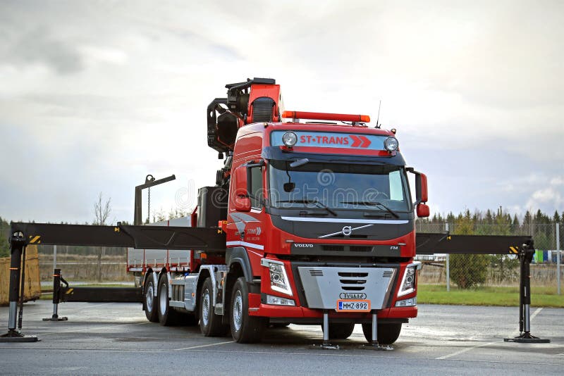 Red Volvo FM Truck Equipped With Heavy Crane Editorial 