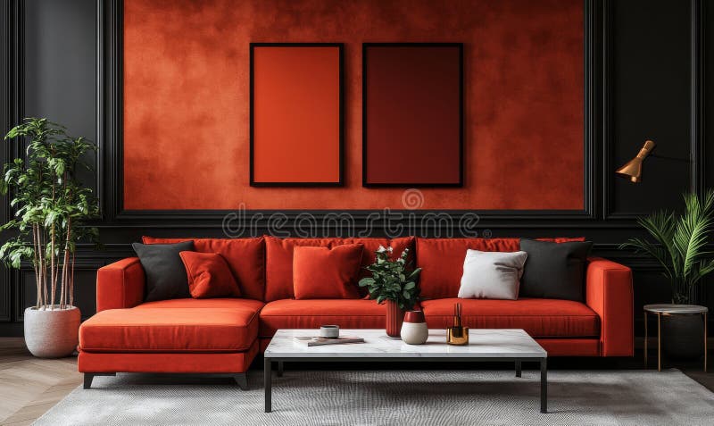 Red wall texture background in a contemporary living room interior stock photos