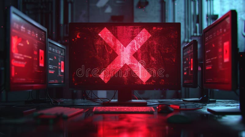 Red warning screen with error symbol in dark cybersecurity command center, highlighting threat detection and system security stock illustration