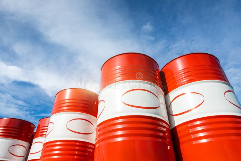Redwhite Barrels with Oil. Warehousing Containers Ready for Shipment