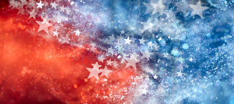 Red, white, and blue abstract background with sparkling stars. USA background wallpaper for 4th of July, Memorial Day, Veteran`s. Day, or other patriotic