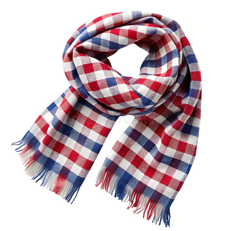 A red, white, and blue buffalo plaid scarf with fringed edges, rolled and isolated on a white background. Blue buffalo illustrations