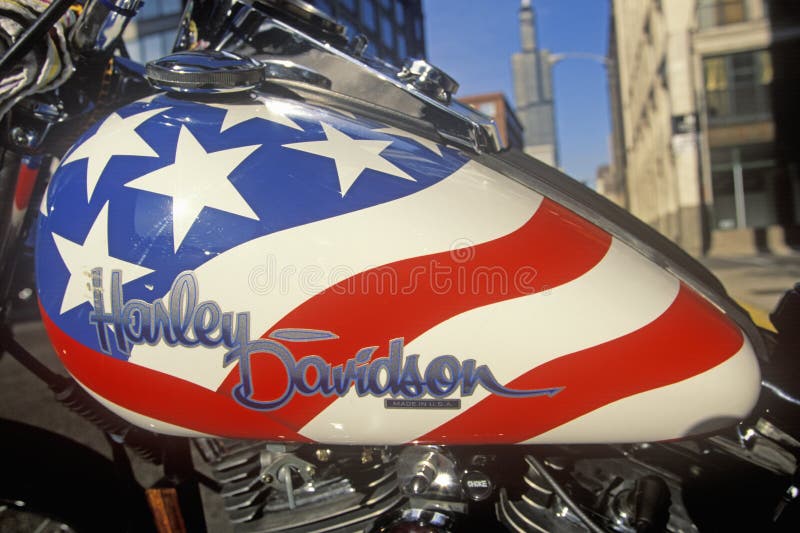 A red white and blue Harley Davidson motorcycle in Chicago, Illinois