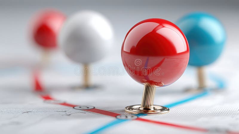 Red white and blue push pin depicting smart stop placement visualization concept for location marking on map stock illustration
