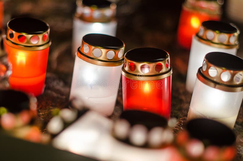 Red and White Burning Cemetery Candles in Memory Stock Photo Image of