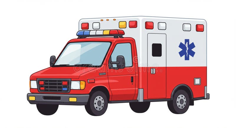 Red and white cartoon ambulance featuring a boxy design. The front has a black stock illustration