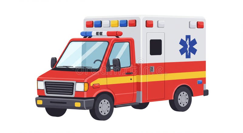 Red and white cartoon ambulance with a rectangular body and rounded cab. It vector illustration