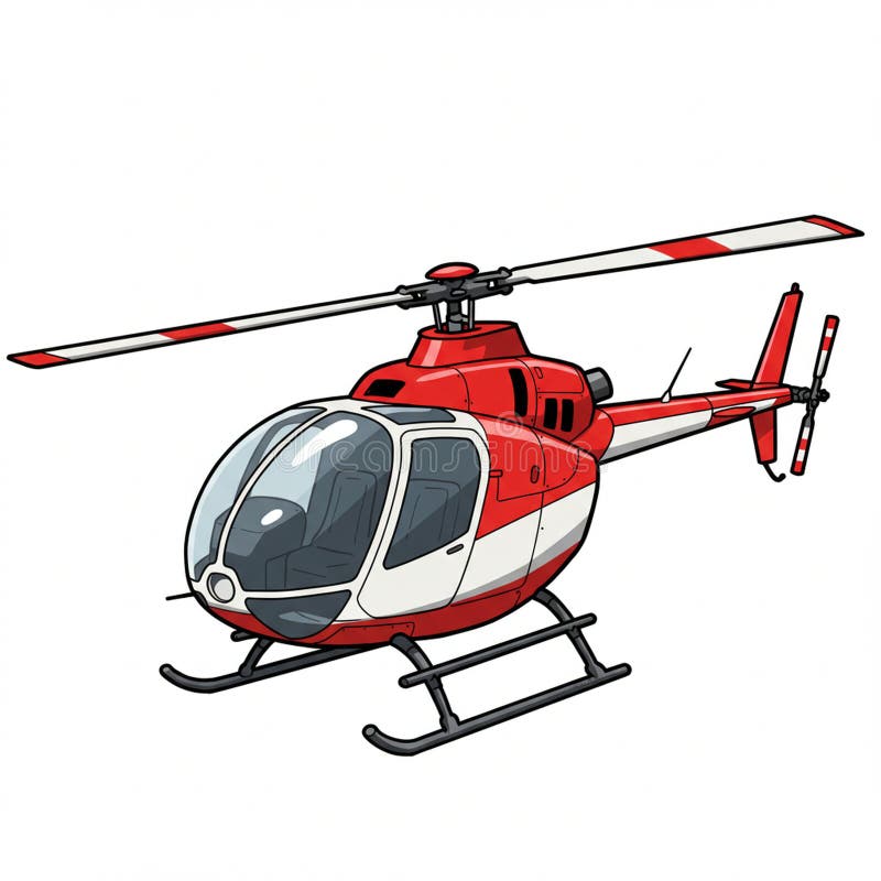 Red and white cartoon helicopter with a sleek design. It features a rounded cockpit wi royalty free illustration