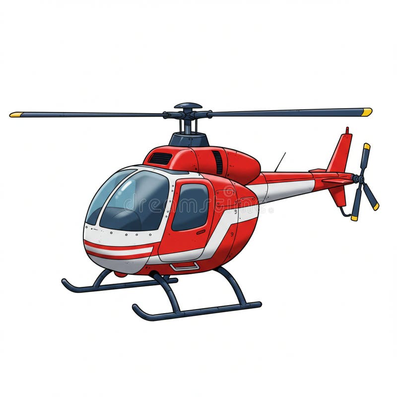 Red and white cartoon helicopter with a sleek, streamlined design. Features include a vector illustration