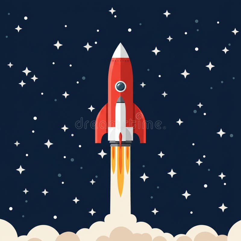 A red and white cartoon rocket ascends into a star-filled sky. The rocket features a vector illustration