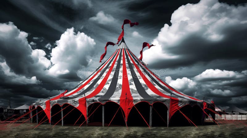 Red and white circus tent, dark clouds in the background