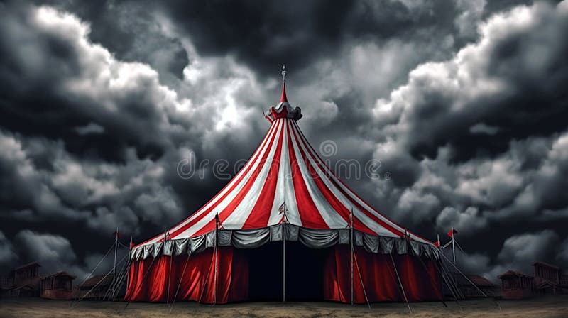 Red and white circus tent, dark clouds in the background