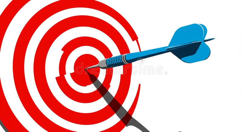 A red and white concentric circle target with a blue dart embedded precisely in the royalty free illustration