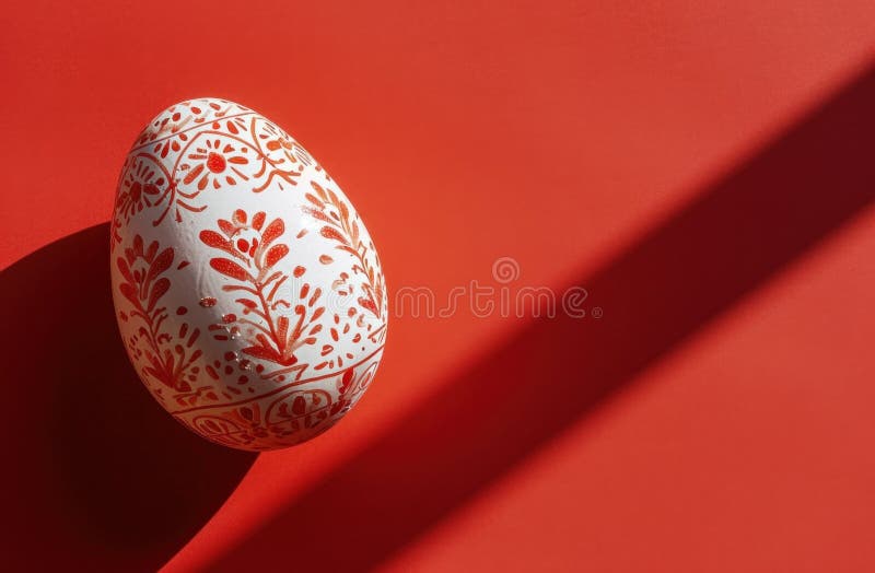 red and white easter decorative egg and paper on red background