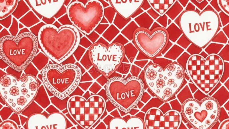 A repeating pattern of red and white hearts with the word "LOVE" inside. The hearts vary in design, some with lace-like borders, floral patterns, or checkered textures. The background is a bright red with a white geometric grid. Friendship borders illustrations