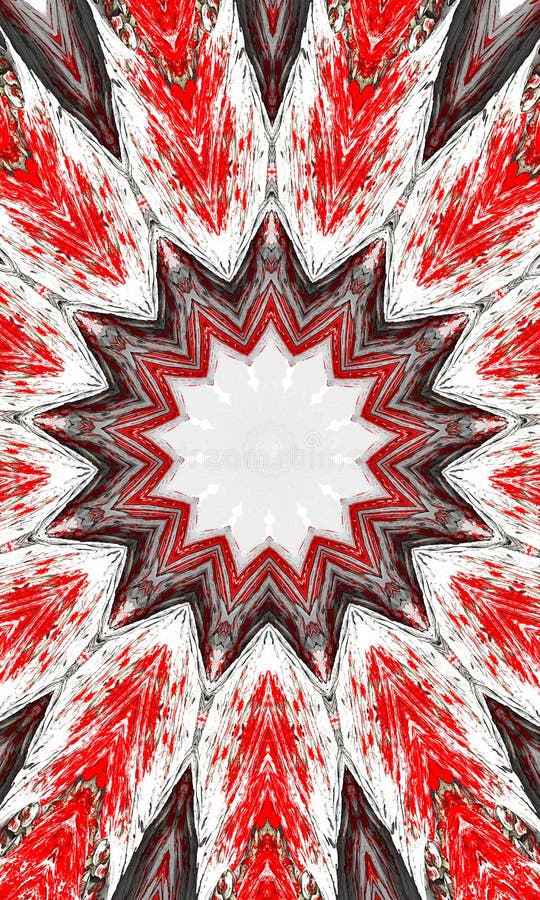 Red and white kaleidoscope star and cross with grey glowing edges. Vertical image stock illustration