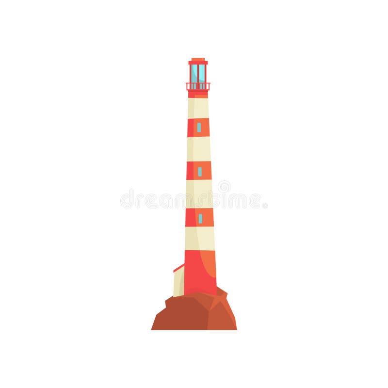 Red and white lighthouse, tower with a beam of searchlight for marine navigation vector Illustration