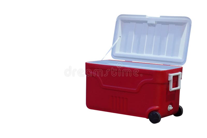 Red and White Plastic Ice Bucket with Wheels on White Background