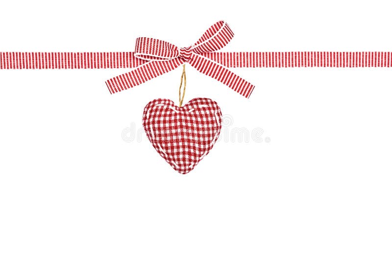 Red white ribbon in a strip, a bow and the checkered heart