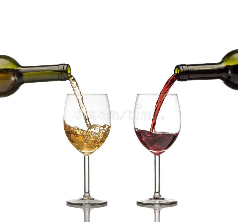 Red and white wine being poured into wine glass on white background stock photography Red and white wine being poured into wine glass on white background stock photography