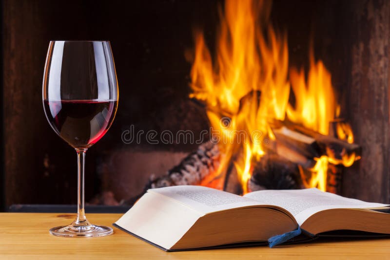 Red Wine and Book at Cozy Fireplace Stock Photo Image of xmas, cozy