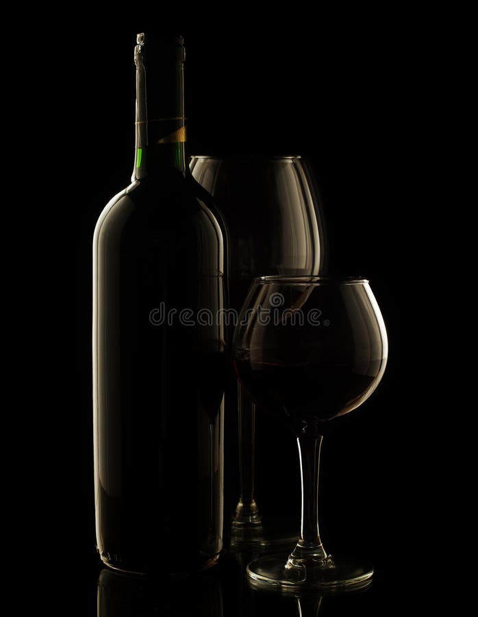 Elegant Red Wine Glass and a Wine Bottles Stock Image Image of three