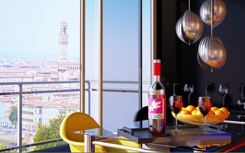 Red wine bottle in a tray with two wine glasses. royalty free stock photography