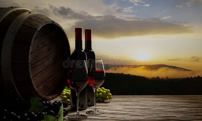 Red wine in clear glass, red grapes, green grapes, and wine fermentation tank On a table with a wooden floor or Tree bark. The