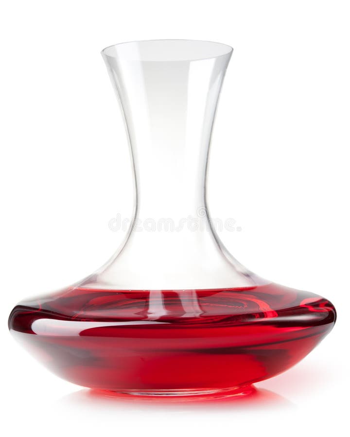 Red wine on a decanter on a white background