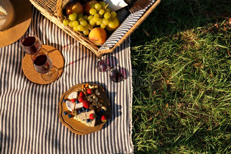 Red Wine and Different Products for Summer Picnic Served on Blanket
