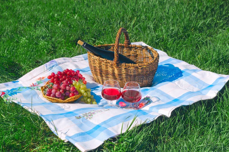 Wine and Fruit Basket , Picnic and Summer Vacation Concept Stock Photo