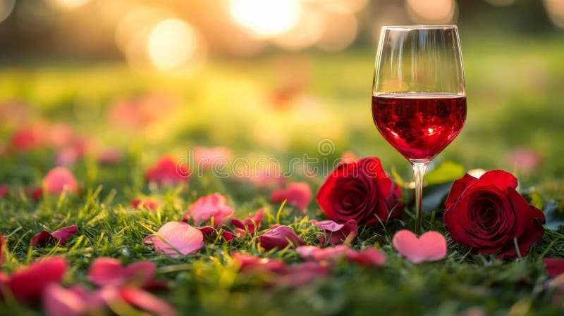 Red Wine Glass Roses Petals Romantic Outdoor Setting royaltyfri illustrationer