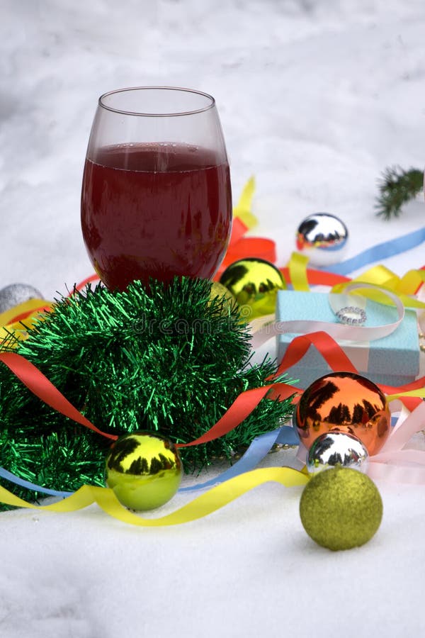 Red Wine Glasses and Christmas Balls on Snow Stock Photo Image of