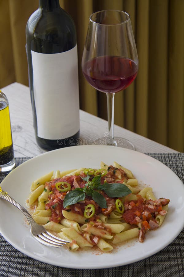 Red wine and italian penne stock photo. Image of ingredients 59236060