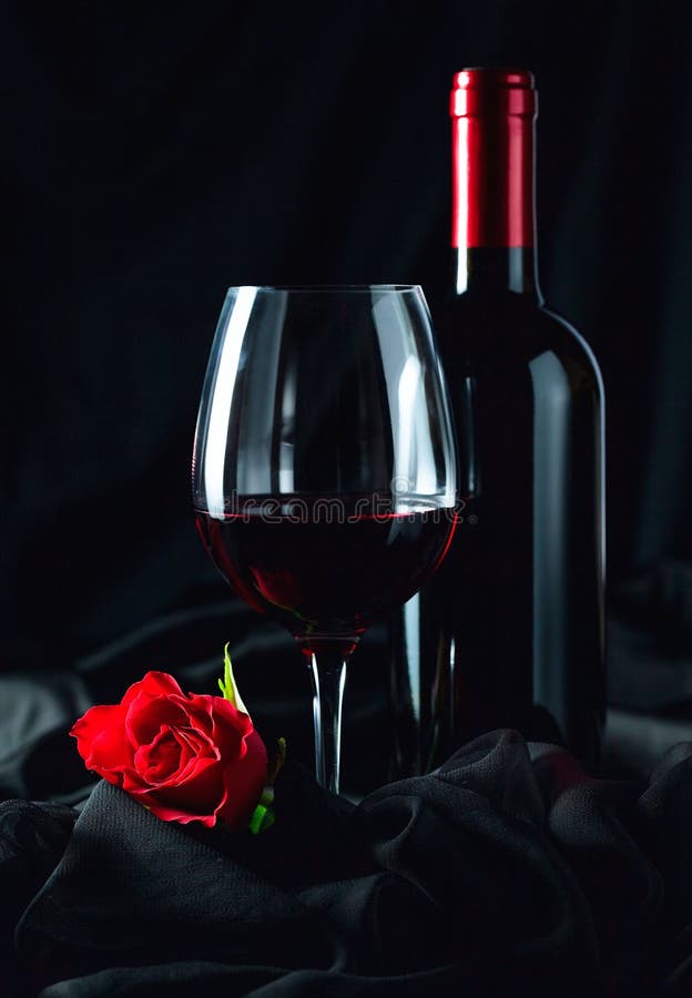 Red Wine and Red Rose on Black Background Stock Image - Image of flower,  bottle: 166743863