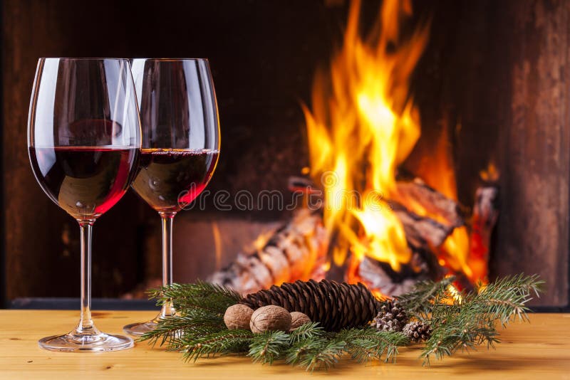 Red Wine For Two At Fireplace Stock Photo - Image of glass ...