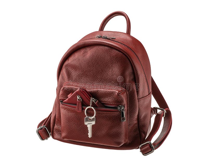 Dark red leather women`s backpack with key and wallet isolated on white background. Dark red leather women`s backpack with key and wallet isolated on white background