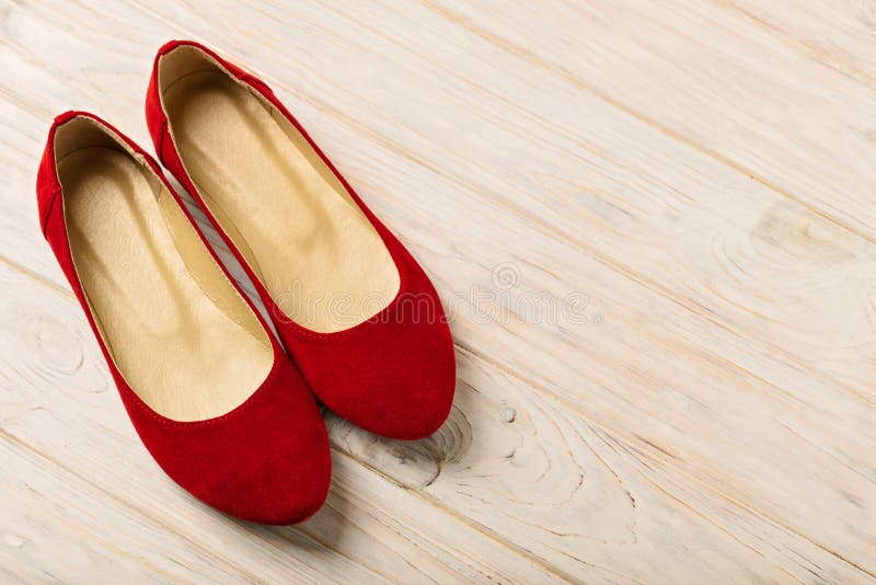 Red Women`s Shoes Ballerinas On Wooden Background. Stock Image - Image ...